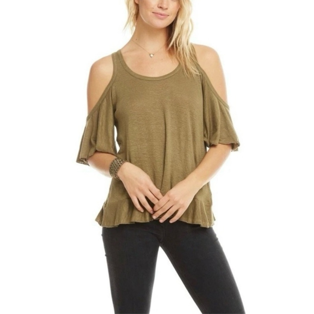 Chaser Olive Sage Green Linen Cold Shoulder Top Boho Ruffle